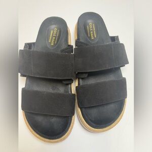 Cole Haan Black Suede Double-Strap Platform Sandals. Velcro Straps for Comfort.
